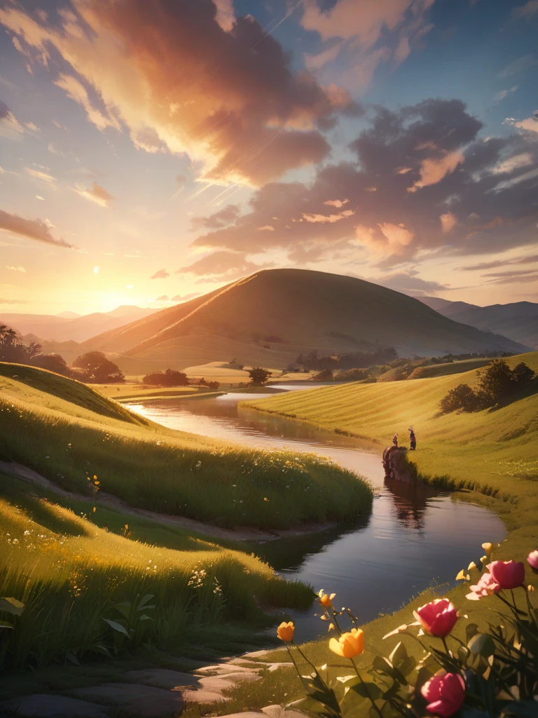 Girls and boys playing on garden and looking each other hand
(sunrise)) in a beautiful countryside, rolling hills, lush green meadows, golden sun rays, dramatic sky with warm colors, tranquil pond reflecting the scenery, serene atmosphere, cinematic lighting, photorealistic, highly detailed, vibrant colors, masterpiece

INFO