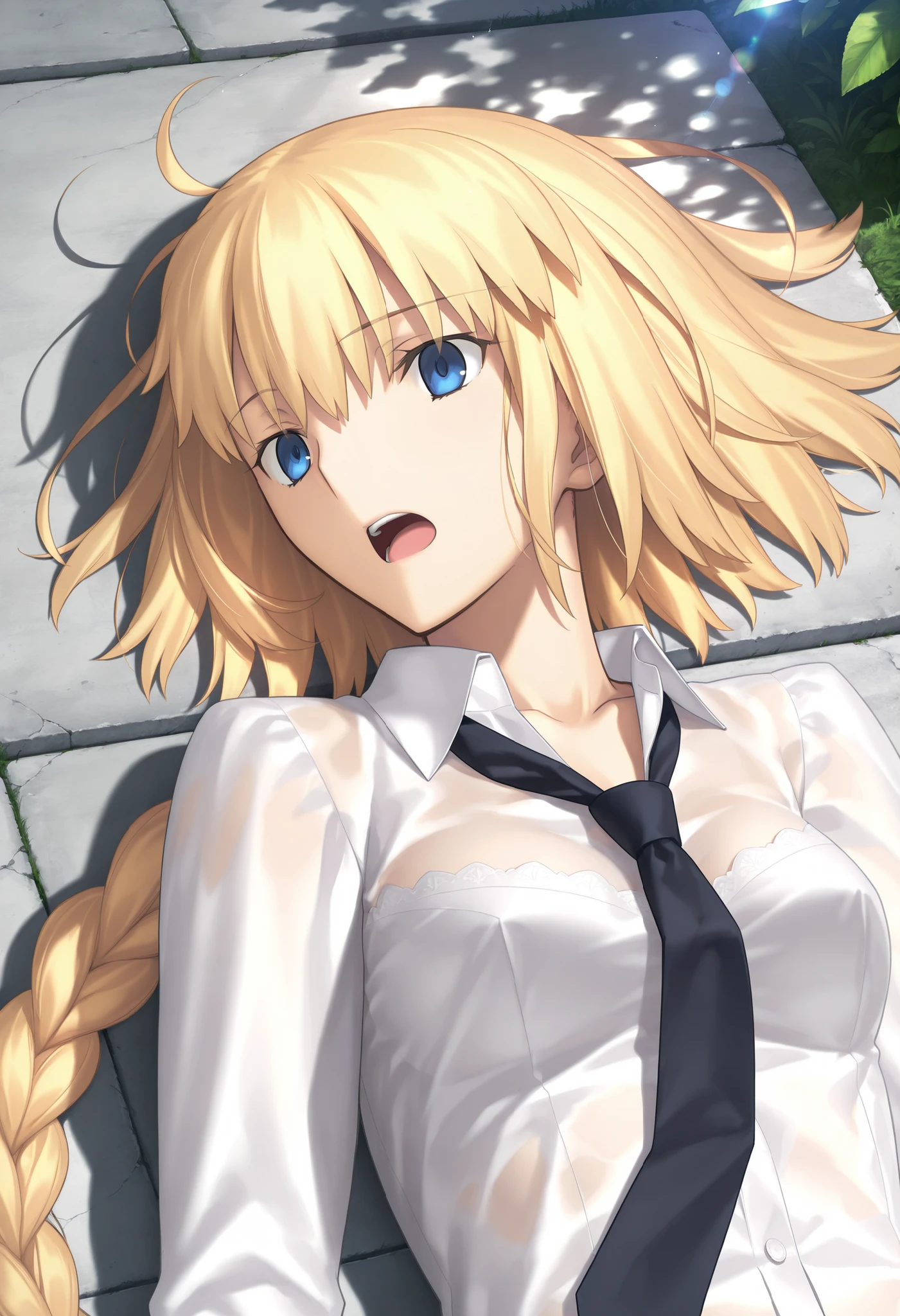 masterpiece, , absurdres, highres, detailed background, high resolution, masterpiece, necessary, detail, best quality, quality, necessary, details, High details, Precise, outdoors, (dappled sunlight), day, lens flare, blurry background, ((from above)), upper body, , solo, ,
1girl, , Takeuchi Takashi (type-moon,tsukihime) style, takeuchi takashi style, ( ), ((Napping,)), Yelling out, ,
tall girl, mature, jeanne d arc, \(fgo\), blue eyes, , jeanne d arc, blonde hair, medium hair, ( floating hair ), (open white dress shirt), black necktie, ,big braid, single braid, small breasts, underwear, looking at viewer, pale bra ,light see-through, concrete, , ,