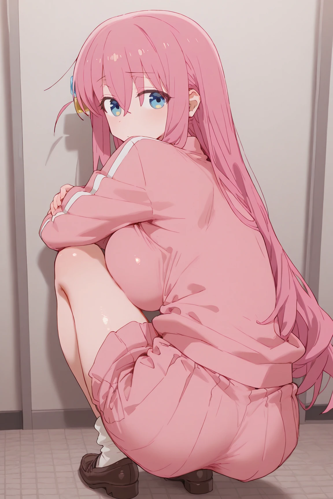 (masterpiece、highest quality、Super detailed)、((One girl))、((Pink Hair))、((Twin tails))、((Light blue eyes))、evil smile、((Grin))、Earrings、((Very large breasts))、((gym uniform))、sitting, knees up、Gym storeroom