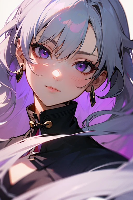 Design a front-facing digital portrait of a VTuber character that fuses elements of KagaSumire and Shinomiyaruna. Use an elegant, sophisticated hairstyle reminiscent of KagaSumire—such as a soft wavy long hair or refined up-do—rendered in pure white with subtle, rich purple inner highlights inspired by Shinomiyaruna. The overall look should convey a mature, refined beauty with modern aesthetic sensibilities.