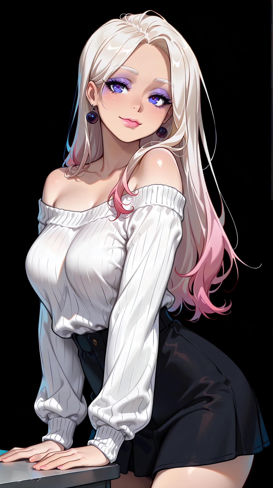 masterpiece, best quality, amazing quality, newest, very aesthetic, 1girl,white hair,long stright hair,violet eyes,violet eyeshadow,soft pink lips,white eyebrows,thick white eyelashes,violet off-shoulder-sweater with long sleeves,black short skirt,smile,thick tighs,arms behinde the back,black background with violet japanes font,big letters