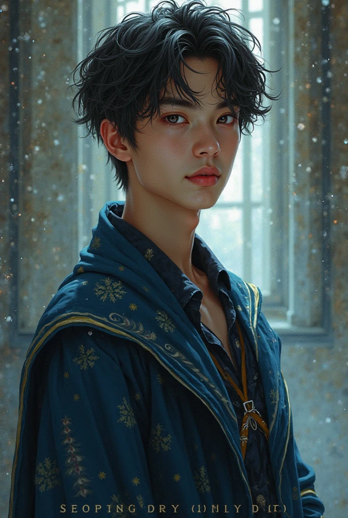 Japanese Ravenclaw boy, attraktiv, Brilliant golden-looking eyes, helle Haut, Dark shiny hair, soft facial features. Sportlich, ca 1,80 tall , is slim but recognizable muscles