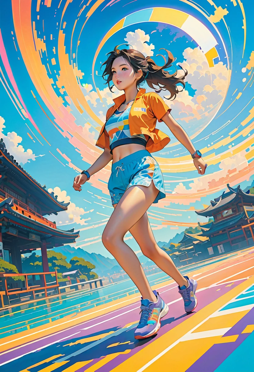 [Picture type] flat vector illustration
[color tone]
Primary Color：morning glow orange(#FF6B35)+mint blue(#00C49A)
 Complementary Color ： Lemon Yellow (#FFD700)+Glacier blue(#7EC8E3)
 background gradient ：top dark blue(#2A3B4D)with light purple gradation at the bottom

[composition level]

 background layer ：

The mainland uses luminous lines to draw，with abstract city silhouette（only outlines the skyline）

The front span of the left leg forms a 135° angle，Neon Trim Shorts
▷ Details，smart sports watch shows heart rate ripples
▷ Dynamic：

translucent globe suspended in the upper left corner（25-30 years old）
▷ clothing：curved horizon split screen+lens spot

Textured Overlay：reflective material number pad「AM7:30」、The angle of the pointer corresponds to the actual time

Energy decoration：gradient starry sky blue sports vest，fluttering in a spiral pattern，An Asian female runner running at a stride：

Sun halo with fractal geometric pattern「7:30」，emits 12 particle beams

Aerial scattering fluorescent motion icon {x} digital bottom incorporates runway particle effects

Ground projection forms dial light and shadow，floating on the upper right, translucent digital clock：

8 head body cartoonized processing

Line style，Sahara location is marked with a virtual event logo

The main layer（Water bottle、running shoes、medals, etc.）

[Special effect parameters]

motion blur：legs 15% / Hair tips 30%

Light effect：global soft light layer(after negative%)+镜头光斑

纹理叠加：paper texture(overlay mode：on the bottom of the main film)

[artistic style tips]

 figure ratio ：has crystal sweat beads on her face

Time element：uneven hand-painted edges(pressure-sensitive changes)

Shadow handling：Long projection+Color block segmentation