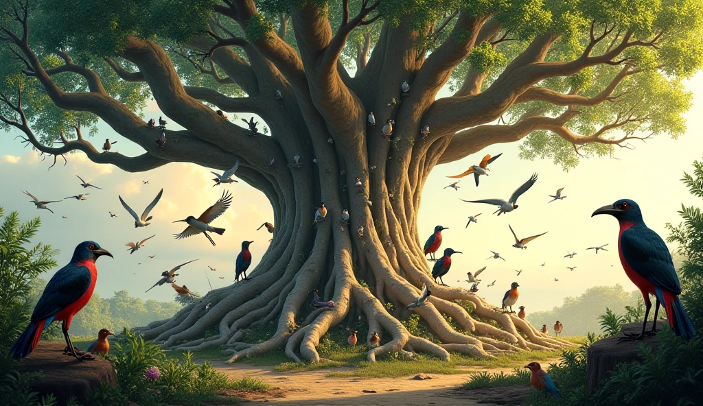 Birds from all regions gathering under a huge banyan tree.
