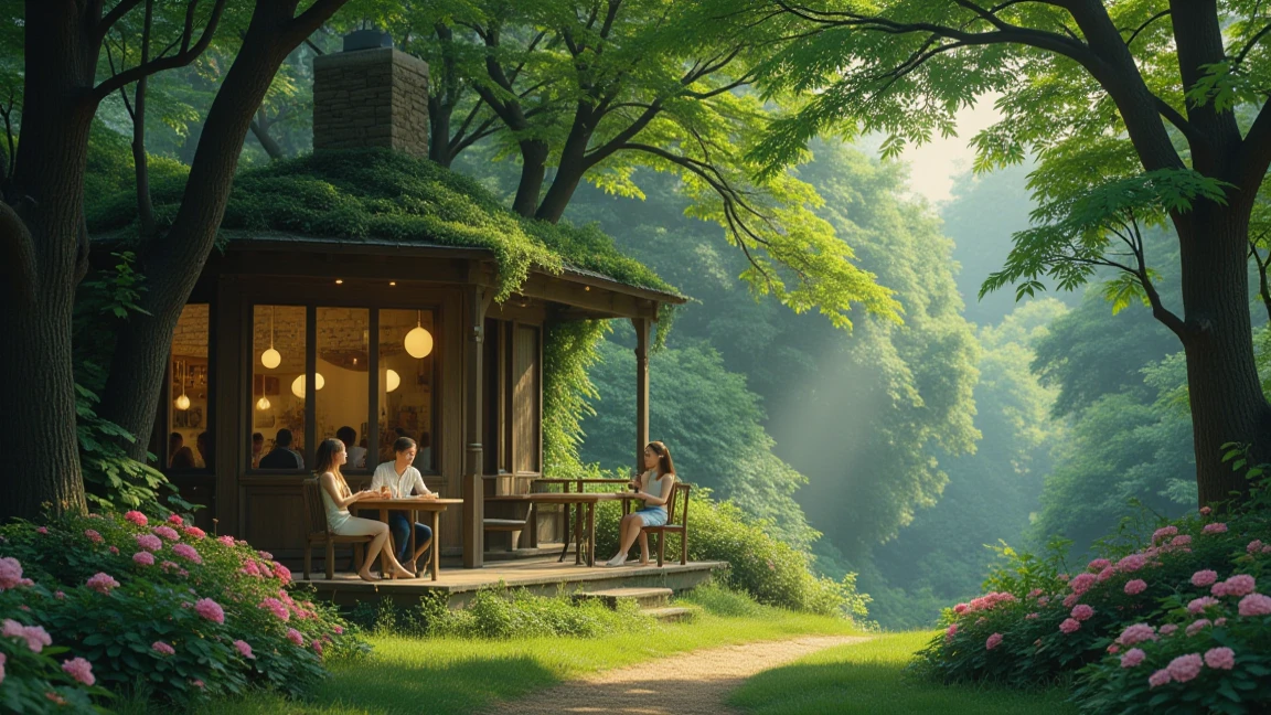 In the forest, tree, flower,  cafe, Leisure,