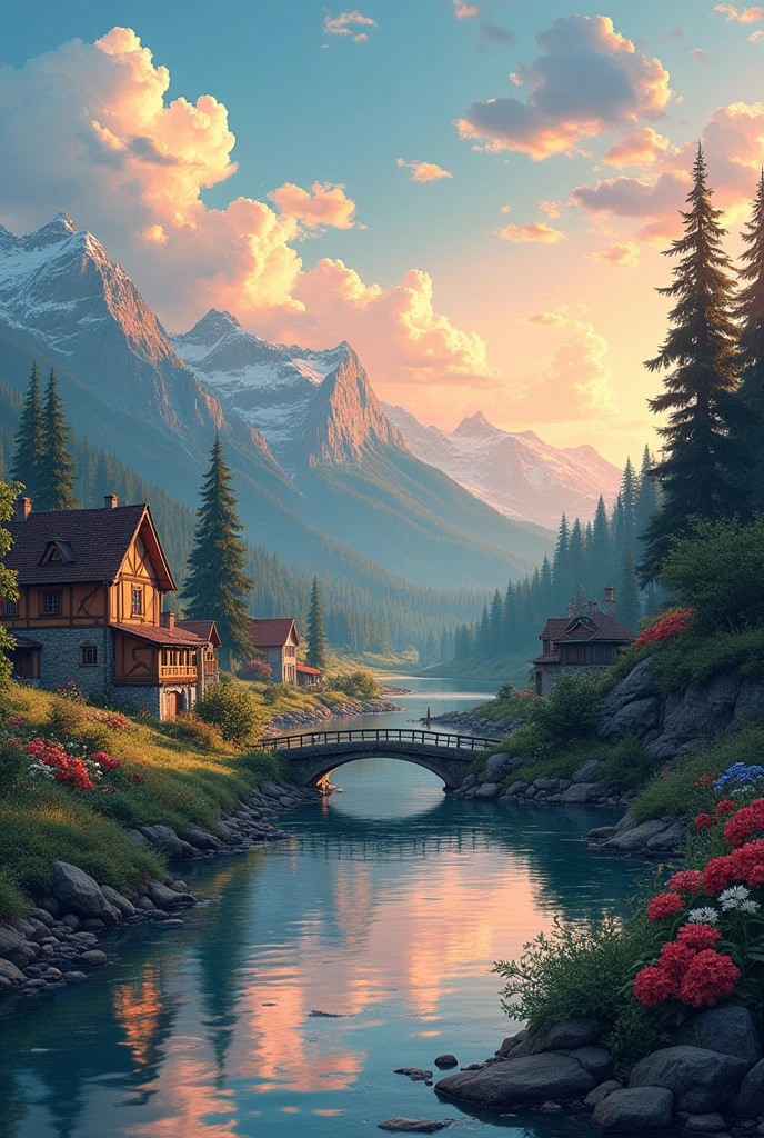 A small town by the river, mountains in the background, colorful floral flowers, detailed landscape, beautiful natural landscapes, Draw an arrow from the parallelogram to this rhombus (Read number):

start: of the diamond to a rectangle "start".
entry: Is it greater than zero (towards this second diamond) Draw an arrow coming out of the "???? number". Draw an arrow from the previous rectangle to atmospheric {x} Draw a diamond below the input parallelogram and write inside {x} Draw an arrow from the starting oval to this parallelogram.
If it is zero (Is it zero?): lighting Flowchart for Individual Exercise "¿number = 0?". side of the second diamond into this rectangle.
Si es YEAH: Dibuja una flecha saliendo del Side of the  "YEAH" of this diamond to a process.
Si es no: Dibuja una flecha saliendo del Side of the  "no" an inclined rectangle.
Process (Number): of the first diamond and write inside "counter_digitos = 1". Dibuja una flecha desde el Side of the  "YEAH" of the diamond to a rectangle.
If it is zero (Inside the loop?): Draw an arrow from the side of the "no" of the diamond towards this rectangle "¿number > 0?". Draw a rectangle and write inside (Side of the  "no") Draw a parallelogram.
Si es YEAH: Dibuja una flecha saliendo del Side of the  "YEAH" of this diamond to the exit.
Si es no: Dibuja una flecha saliendo del Side of the  "no" of the diamond to another process.
Process (Count digits): of the first diamond and write inside "number = number / 10". Dibuja una flecha desde el Side of the  "YEAH" Draw an arrow from the first diamond.
Process (Count digits): below the starting oval and write inside "counter_digitos = counter_digitos + 1". Draw another rectangle below the previous one and write inside, scorching sunset, warm colors, practical, photographic, detailed foliage, complex buildings, cobblestone street, charming country house, vibrant colors, lush vegetation, reflections in the water,  picturesque, idyllic, artwork, best quality, 8K, extremely detailed, anime style