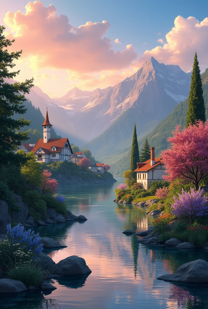 A small town by the river, mountains in the background, colorful floral flowers, detailed landscape, beautiful natural landscapes, Draw an arrow from the parallelogram to this rhombus (Read number):

start: of the diamond to a rectangle "start".
entry: Is it greater than zero (towards this second diamond) Draw an arrow coming out of the "Leer number". Draw an arrow from the previous rectangle to atmospheric {x} Draw a diamond below the input parallelogram and write inside {x} Draw an arrow from the starting oval to this parallelogram.
If it is zero (Is it zero?): lighting Flowchart for Individual Exercise "¿number = 0?". side of the second diamond into this rectangle.
Si es YEAH: Dibuja una flecha saliendo del Side of the  "YEAH" of this diamond to a process.
Si es no: Dibuja una flecha saliendo del Side of the  "no" an inclined rectangle.
Process (Number): of the first diamond and write inside "counter_digitos = 1". Dibuja una flecha desde el Side of the  "YEAH" of the diamond to a rectangle.
If it is zero (Inside the loop?): Draw an arrow from the side of the "no" of the diamond towards this rectangle "¿number > 0?". Draw a rectangle and write inside (Side of the  "no") Draw a parallelogram.
Si es YEAH: Dibuja una flecha saliendo del Side of the  "YEAH" of this diamond to the exit.
Si es no: Dibuja una flecha saliendo del Side of the  "no" of the diamond to another process.
Process (Count digits): of the first diamond and write inside "number = number / 10". Dibuja una flecha desde el Side of the  "YEAH" Draw an arrow from the first diamond.
Process (Count digits): below the starting oval and write inside "counter_digitos = counter_digitos + 1". Draw another rectangle below the previous one and write inside, scorching sunset, warm colors, practical, photographic, detailed foliage, complex buildings, cobblestone street, charming country house, vibrant colors, lush vegetation, reflections in the water,  picturesque, idyllic, artwork, best quality, 8K, extremely detailed, anime style