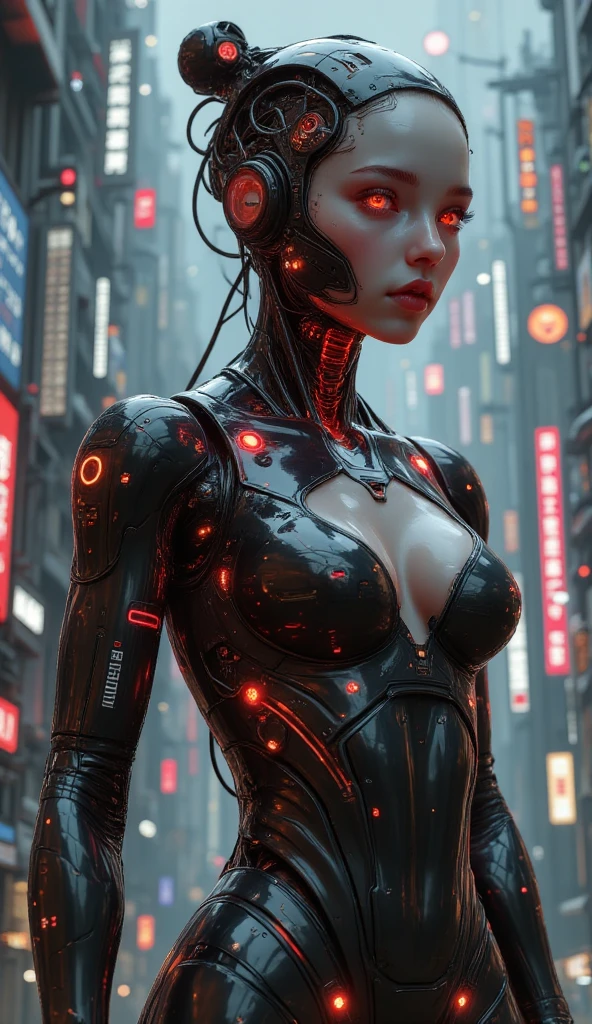 8k, to be born, Highest quality, masterpiece, Ultra-high resolution, colorful, Portraiture, (medium wide shot), (Dynamic Perspective), Sharp focus , (Written boundary depth, Bokeh:1.3), Highly detailed eyes and face, Beautiful attention to detail, (So noble and beautiful), Cinematic Light, (1. Mechanical Anthropomorphic Wolf Silver Wolf Girl), View your audience, Mirror-reflective ceramic body, (The glowing blue eyes of an android, black sclera), Moderately large cleavage, alone, (Mechanical joints), (Mechanical Limbs), (A remote mechanical spine-attached blood vessel attached to the back), (Mechanical cervical vertebrae attached to the neck), (Wires and cables connected to the head and torso), Neon Details, sf, Full Body Shot, The background is a shining cyberpunk city, Realistic, (Hand on the long sword)