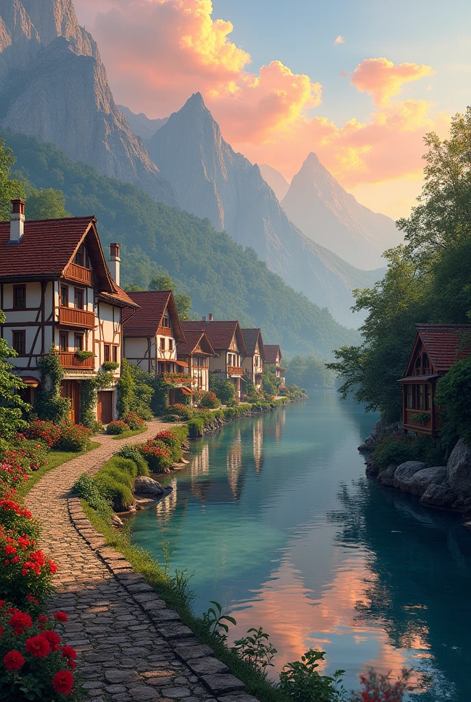 a small village by the river, mountains in the background, floral flowers colorful, detailed landscape, Beautiful natural landscapes, atmospheric lighting, scorching sunset, warm colours, practical, photopractical, Detailed Foliage, complex buildings, cobblestone street, Charming country house, swirly vibrant colors, lush vegetation, Still water reflections, Picturesque, idyllic, work of art, best qualityer, 8k, extremely detaild,anime styling