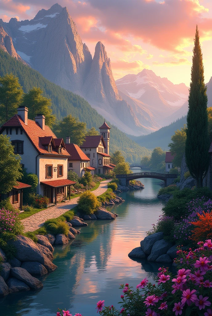 a small village by the river, mountains in the background, floral flowers colorful, detailed landscape, Beautiful natural landscapes, atmospheric lighting, scorching sunset, warm colours, practical, photopractical, Detailed Foliage, complex buildings, cobblestone street, Charming country house, swirly vibrant colors, lush vegetation, Still water reflections, Picturesque, idyllic, work of art, best qualityer, 8k, extremely detaild,anime styling