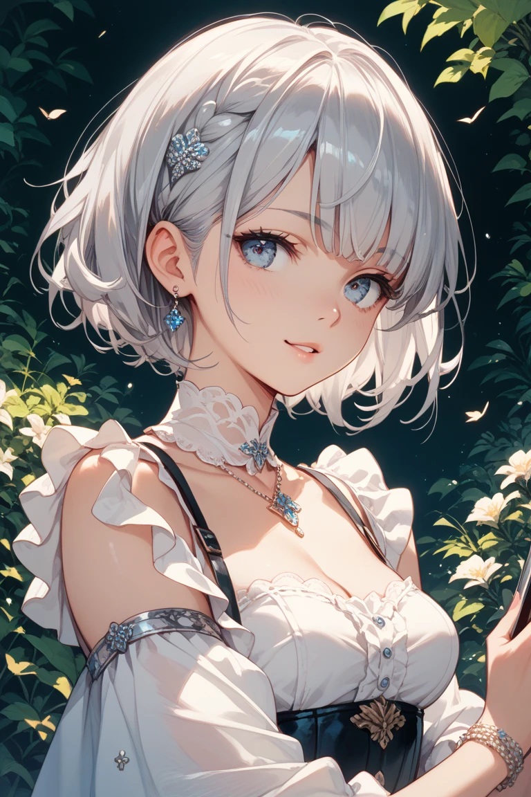 Close up portrait of adult video game heroine tied to a chair with tape covering, 1girl in, Solo, Hamakaze (kancolle), Nipples, Grey Hair, Large breasts, Blue eyes, Hair Ornament, Short hair, hair clips, 1girl in,,Symper Smile, high-definition picture, femele, Her hair was decorated with glowing fireflies, Seductive and glowing eyes. Wearing a moonlight gown, She is a tree々Stand in a mysterious forest that comes to life. The scene, Bask in the ethereal glow of fireflies, Capture in the style of Magic Forest artwork., (masutepiece, Best Quality, Official art,Intricate details:1.2)