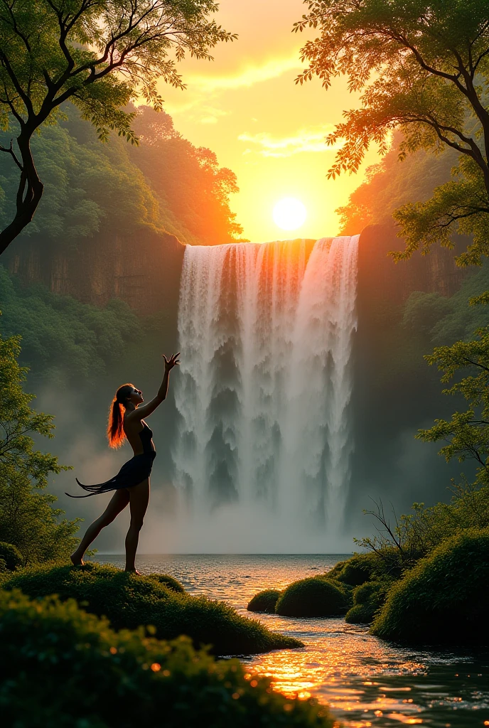 A woman on the edge of a waterfall, several rocks, a pose in the water with a large tree with yellow leaves, ultra realistic image