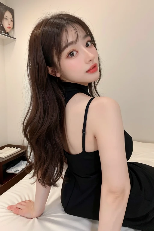 finely, High resolution, high quality、perfect dynamic composition, girl、young face、neat and cute girl、detailed and beautiful eyes, double eyelid、light brown layered cut、straight hair、bangs、on the bed、sit on a chair、looked back、long legs、despise、natural color lip, 1 person、neat and cute girl、清楚でyoung face、transparent skin、white skin、Bedroom、in the room、Stylish clothes、room wear、beautiful feet、thin legs、shake your head、Hey hey smile、slight smile、despise、Condescending、Laughed