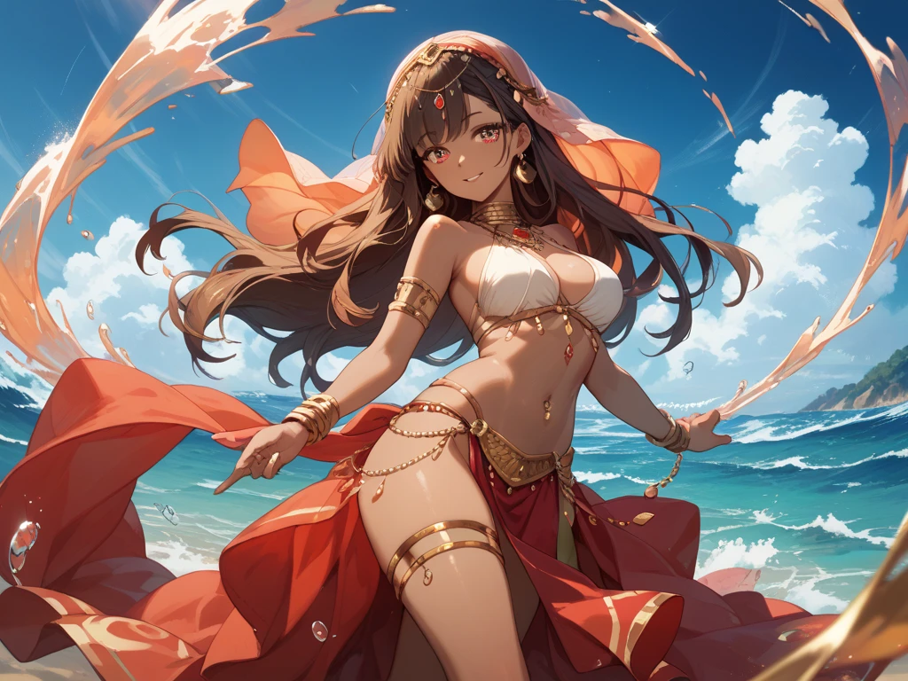 1woman(3o years),long wavy dark red hair with golden highlights,golden eyes,dark skin,lean,beautiful,tall,pointing at viewer,smiling,wearing a red 2 piece bikini,wearing a pink silk coat on top,medium sized curves
