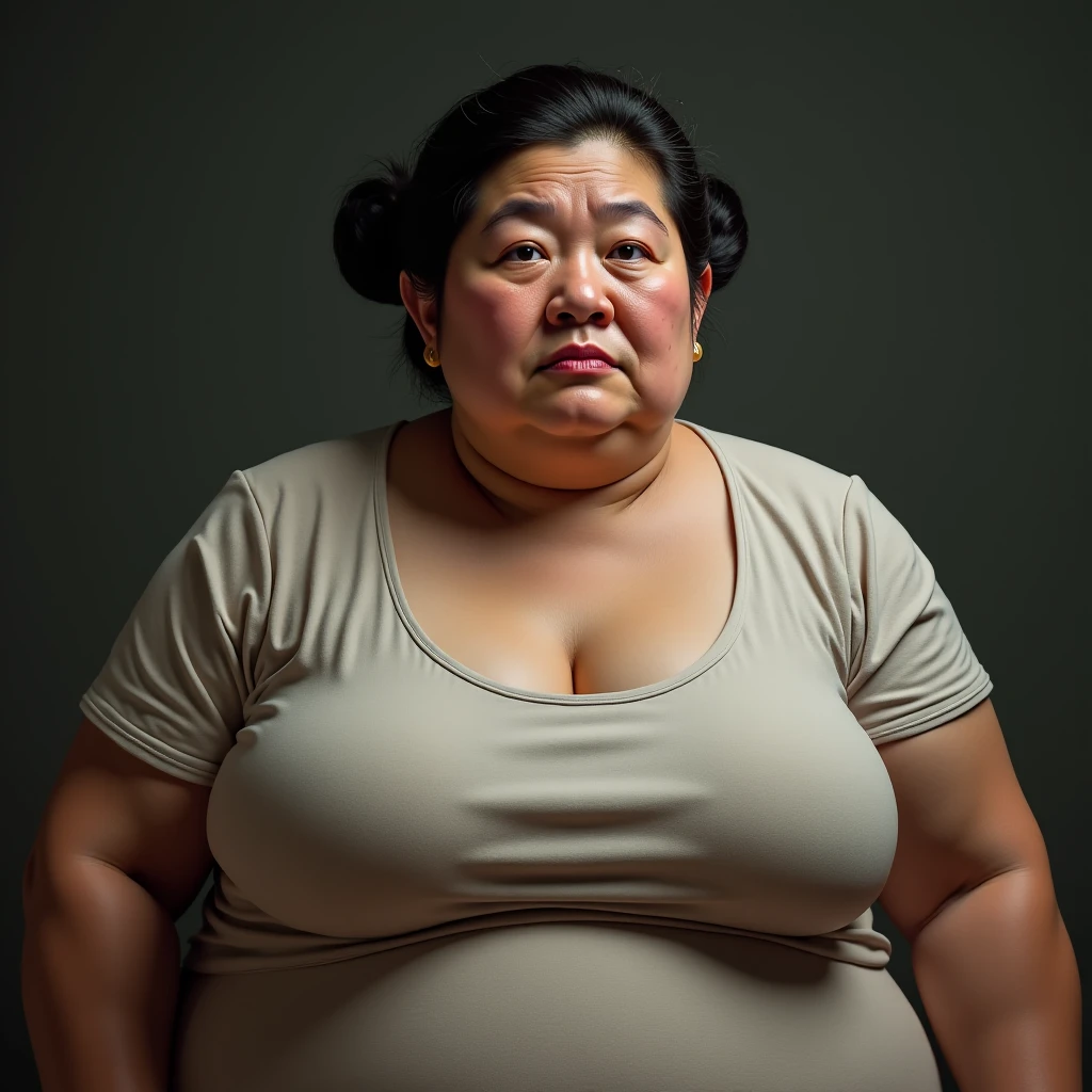 A very obese Asian woman with white skin, black hair and yellow eyes. She has a huge belly and her body is very big and fat.