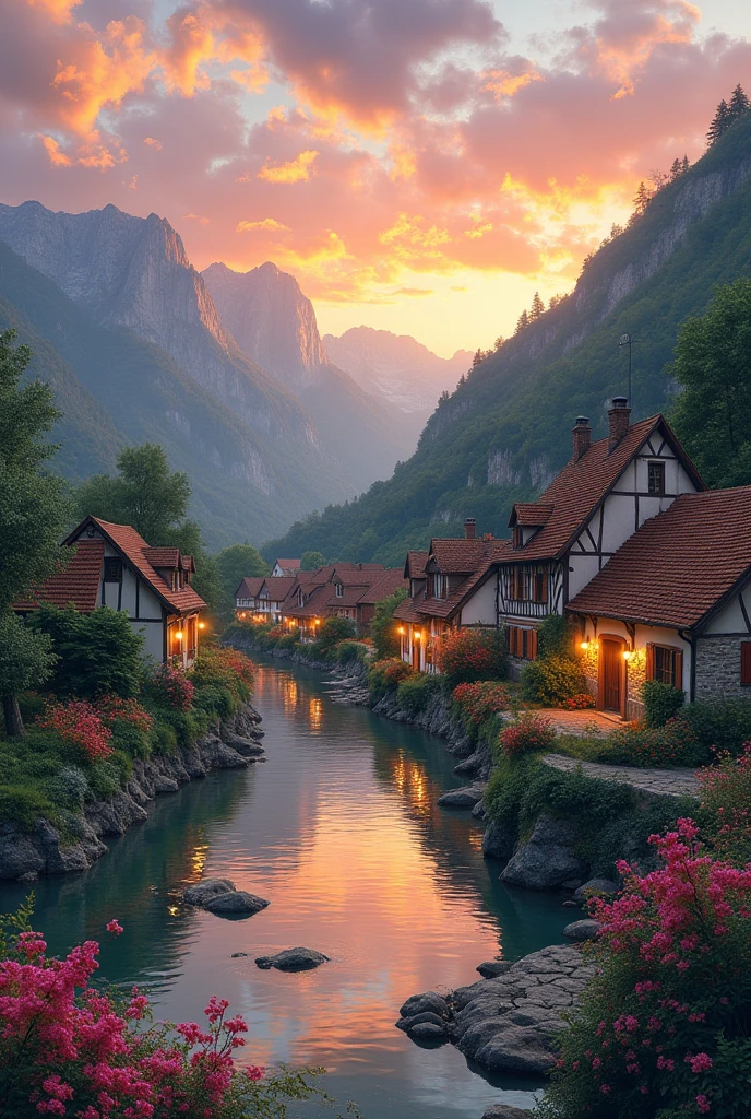 a small village by the river, mountains in the background, floral flowers colorful, detailed landscape, Beautiful natural landscapes, atmospheric lighting, scorching sunset, warm colours, practical, photopractical, Detailed Foliage, complex buildings, cobblestone street, Charming country house, swirly vibrant colors, lush vegetation, Still water reflections, Picturesque, idyllic, work of art, best qualityer, 8k, extremely detaild,anime styling