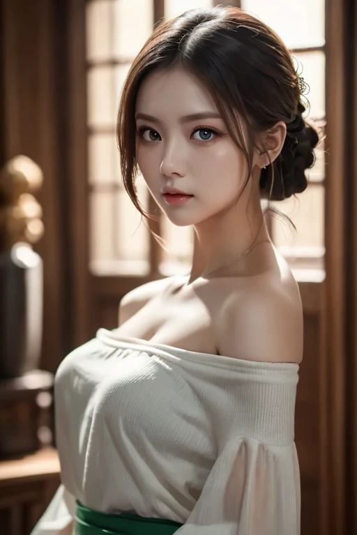 Tight black top:1.2,Looking at the audience,Yard lighting,Perfect,Soft light,High resolution skin:1.2,Realistic skin texture,18 years old,Small face,No makeup,Off-shoulder,Huge breasts,blue eyes,Hair Bun,Dark brown hair,Completely naked,Gray background,
