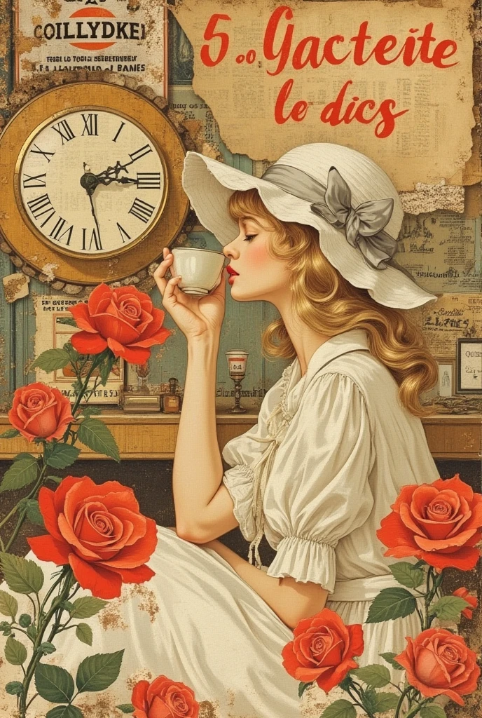 (Richard Hamilton style, artistic magazine collage, vintage surrealism, retro aesthetics, poetic elegance, magazine cutouts, scrapbook texture),  
a beautiful blonde woman wearing a soft ivory kimono, slightly off-shoulder, sensually revealed neckline, holding a coffee cup with grace,  
her portrait cut and pasted into the collage with rough edges but clean straight-line tears, evoking a handmade paper collage look,  
surrounded by red roses, sakura petals, old French newspaper clippings, vintage ads and café posters,  
a large analog clock behind her showing 10:10, subtle hand-painted French graffiti in red with expressive brush strokes,  
layered textures of torn paper, tape marks, aged folds, old ink, and magazine scrap borders,  
background featuring sepia tones, ochre, and faded red, evoking intimacy and nostalgic sensuality,  
a perfect blend of Parisian café surrealism and Japanese traditional beauty in collage form