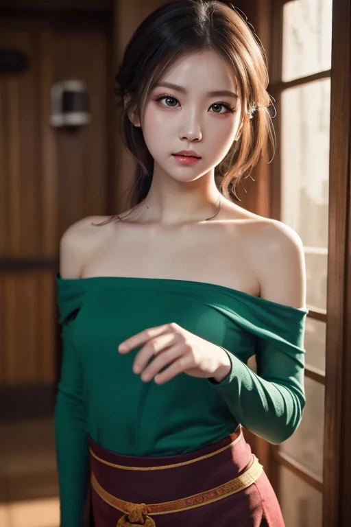 16 year old girl， bokeh， （real light：1.4， photorealestic）， 1girll， （（slender body：0.8）） （（Large split chest：1））， looking at the audience， （Head Office Skin：1.4）， （（（（（sexy buttocks，Full V-neck dress））））， （（Indoor Room， Bright morning， Sexy Lift，）），