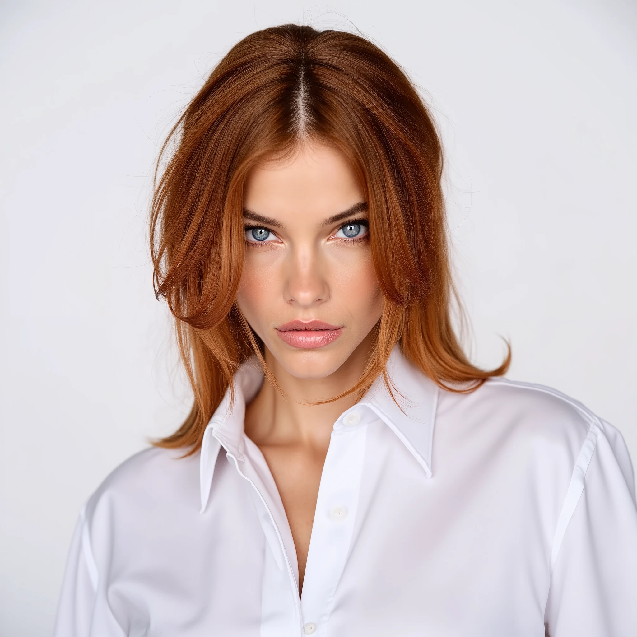 Journalist pose, meio corpo, intense red hair , white shirt