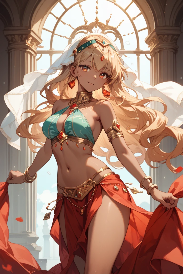 blonde hair,green eyes,sweat,dancer,arabian clothes,hair ornament,large breasts,looking at viewer,best quality,masterpiece,depth of field,blurry background,shoes,dancing,standing,smug,solo,1girl,thin