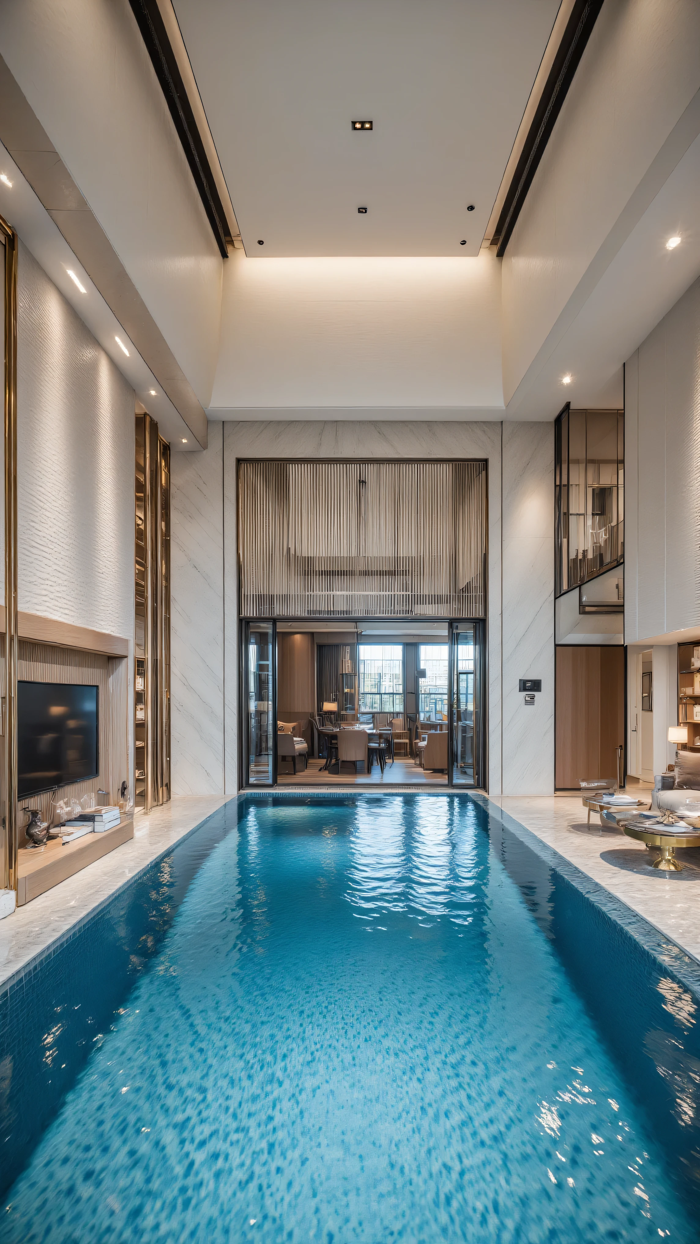 4K,8K,Studio Quality,Chinese Penthouse,Swimming Pool inside Penthouse, Inside China Highclass Penthouse Tower Room with Swimming Pool,Make the Water Pool Realistic, make the photo realistic, vibes color with black and white, Billionaire Vibes Room,Full Furnitured, Detailed.