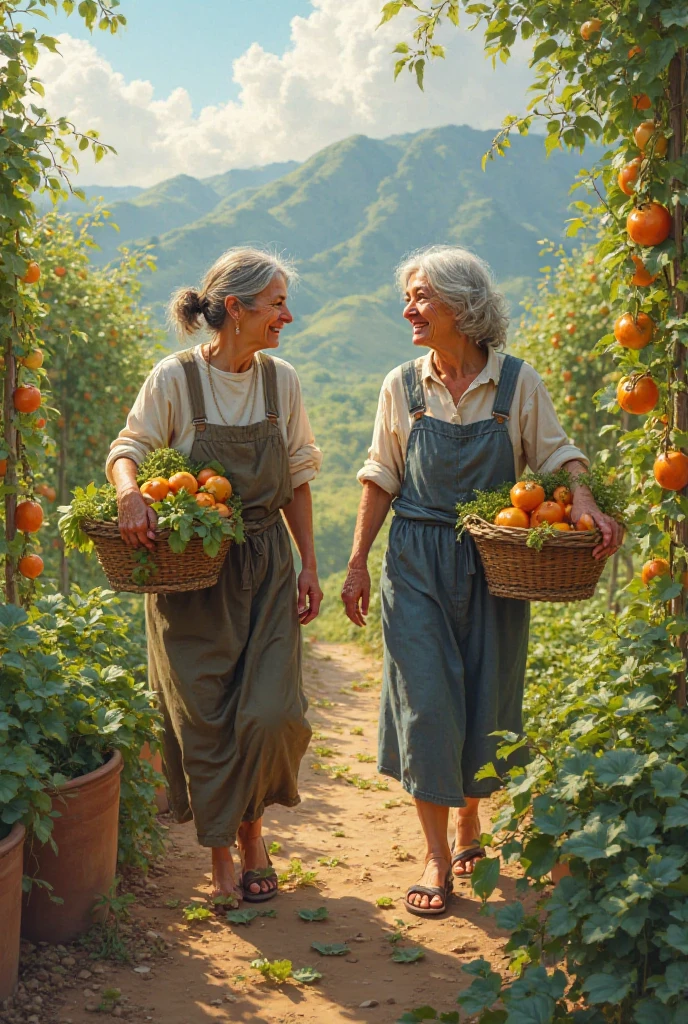 Photo: Two middle-aged women picking vegetables and fruits in the garden