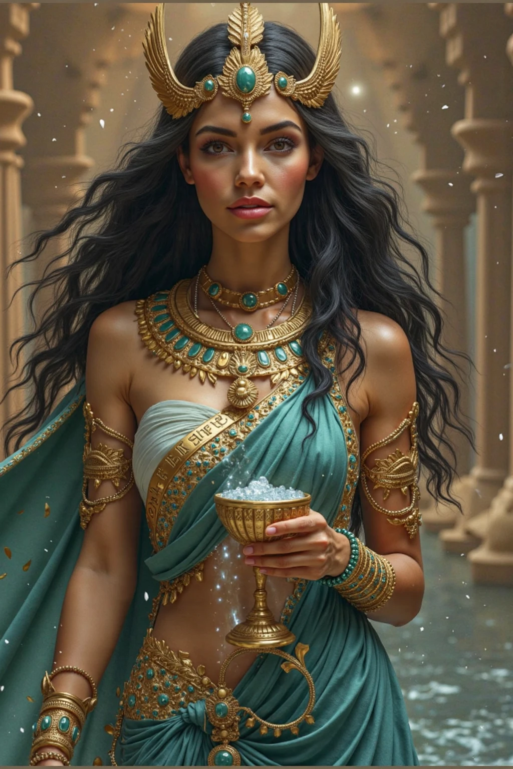 a goddess embodying the Nile, exudes divine balance and abundance. Her skin glows with golden reflections, as if kissed by the rays of the sun that dance upon the river’s waters. Her dark, wavy hair cascades gracefully, mirroring the fluid currents of the Nile. She wears a majestic crown adorned with both feathers and lotus flowers, intertwined with Egyptian symbols such as the solar disk and the cobra—representing her sacred connection to nature, rebirth, and the power of the gods.

Her regal gown flows effortlessly, a rich tapestry of deep blue and silver waves embroidered with hieroglyphs and intricate designs of fish and lotus flowers. Its edges shimmer with golden accents, symbolizing the beauty and movement of the river. Draped over her shoulders is a fluid mantle, intensifying her aura of divine grace. Embedded in her attire are green gemstones, evoking the fertile soils nourished by the Nile’s life-giving waters.

Anuket’s gaze, calm yet piercing, holds the mysteries of the sacred river. In one graceful hand, she bears a cup overflowing with flowing water, signifying her role in maintaining balance—between prosperity, abundance, and the natural flow of life. In the other hand, she holds a scepter adorned with water crystals, emanating a soothing light that symbolizes her protective strength.

At her feet, translucent waves of water swirl and dance in rhythmic harmony, accentuating her direct bond with the rivers she guards. Surrounding her are serene creatures, such as ibises and crocodiles, who accompany her and radiate an aura of unity and protection, her presence is a vivid blend of divine power, natural beauty, and the eternal equilibrium of life and water, expressions, seductive smile, Surrealism, high detail, masterpiece, accurate, anatomically correct, textured skin, super detail, high details, high quality, award winning, best quality, highres, 1080P, HD, 4K, 8k, 16k