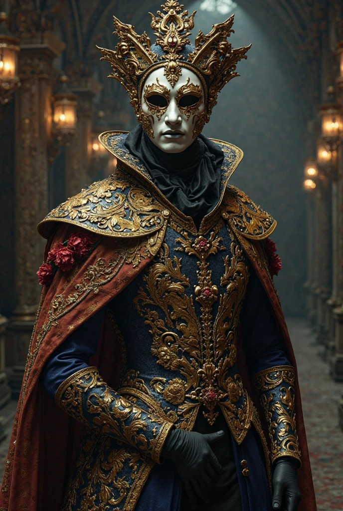 Baroque Venetian masked man character with royal costume , dark gothic ambiance ,golden embroidery mysterious style, bal masqué marche dansun couloir gothique ou palais ancien 