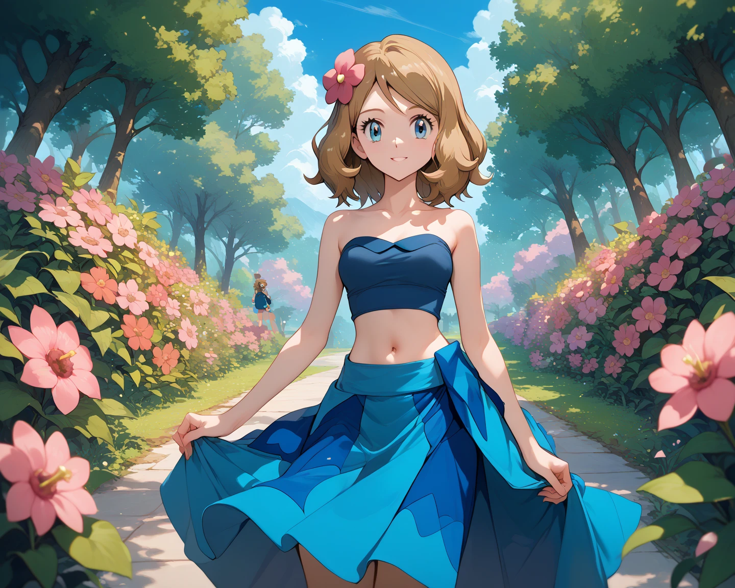 score_9, score_8_up, score_7_up, score_6_up, source_anime, anime, masterpiece, best quality, nsfw, pokemonserena, serena, medium hair  , blue eyes, brown hair, hairflower, pink Flower, blue tube top, Strapless, belly button, blue sarong, blue skirt