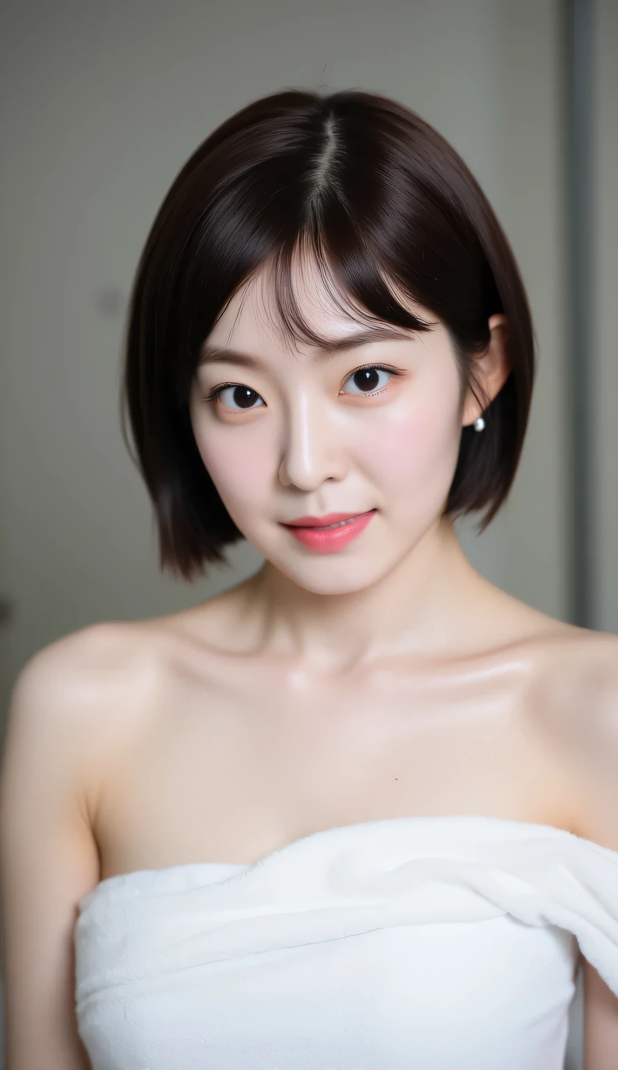 Masterpiece, Best-quality, RAW-photo, Ultra-High-Resolution, Photorealistic, (Anatomically correct, 22-years-old, Realistic Japanese girl, photographer's lover, She truly loves photographer, , cute face, Slender body, slim waist and busty body, Slender legs, Realistic skin), ((take a bath)), ((wrap a towel around body:1.3)), (maiko, Round face, Black hair, Moist eyes, Shining eyes, Short bob cut, Bangs, Down-slating eyebrows, one little earring, Light blush), (See photographer, look at viewer, standing, she is soaking in a hot spring bath), (goddess smile, pamper someone you love, facial expressions that seduce men), (Japanese hot springs, open-air bath), Natural lighting, bright lighting, professional lighting, (front lighting), natural smile, fair skin, beautiful thighs,