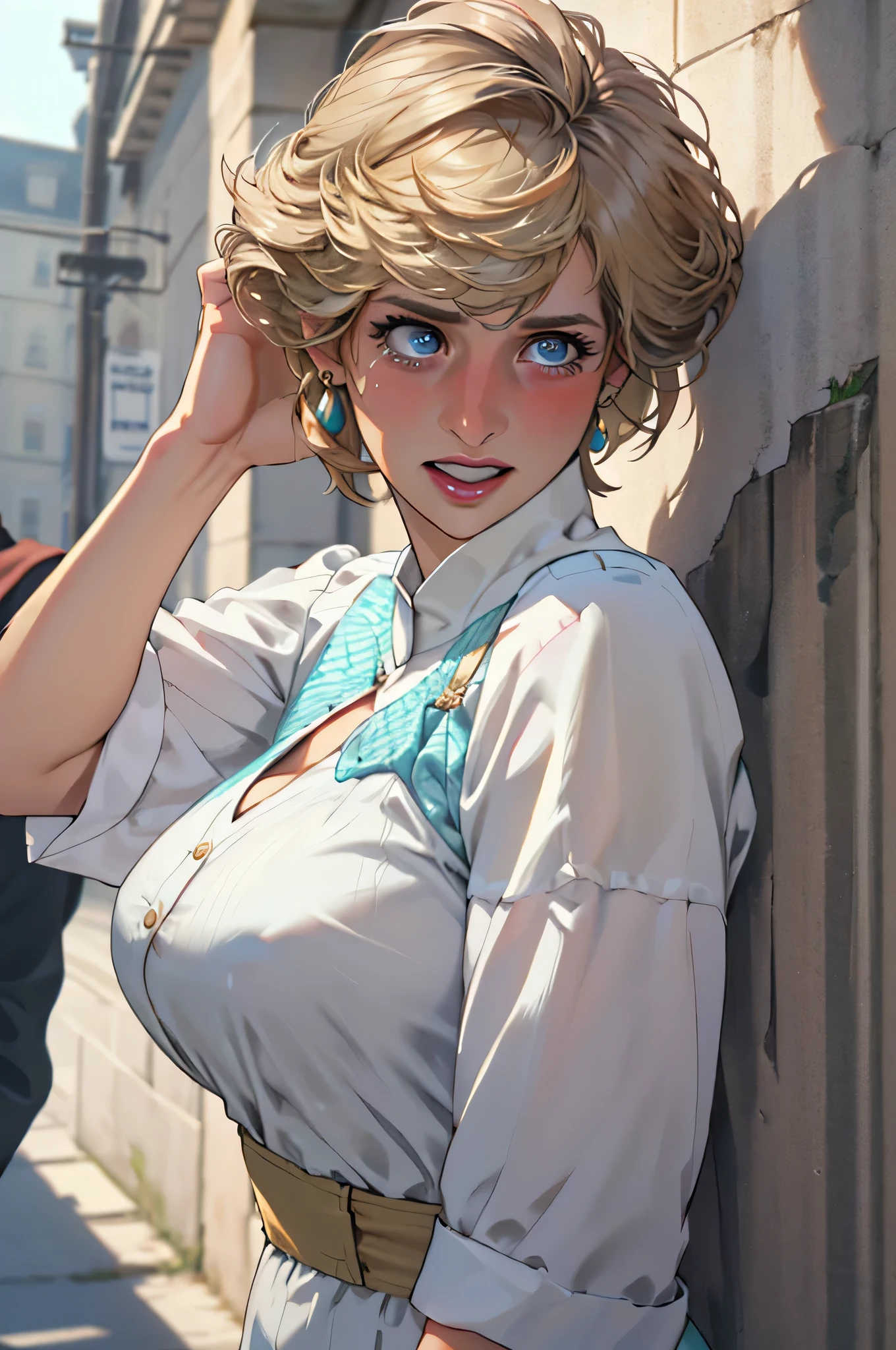 1人のgirl, is standing, raise your hand, 1 boy, faceless man, malicious laugh, heterosexuality, pick the nipple from behind, ((princess diana)), girl, Age 30, short hair, bob cut, ( Gold, short hair), (tears:1.1), detailed cute blue eyes, Curled eyelashes, (big breasts:0.8), Beautiful Eyes, detailed eyes, beautiful face, is embarrassing, frown, tful, open your mouth, Outdoors, wall, daylight, masterpiece, top quality, great quality, so beautiful, Absard Dress, newest, (realistic:1.2), VERY DETAILED, VERY DETAILED, nsfw, explicit