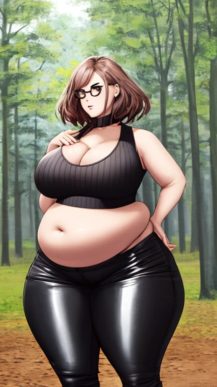 art by kipteitei, 1girl, dark green hair , hair in pony tail, maki zenin from the anime jujutsu kaisen, big plump belly, huge belly, huge belly, pretty face, nose, lips, beautiful eyes, circle glasses, (best quality, masterpiece, 4k, sharp focus), professional photograph, sharp focus, dramatic, award winning, cinematic lighting, octane render, unreal engine, volumetrics dtx,