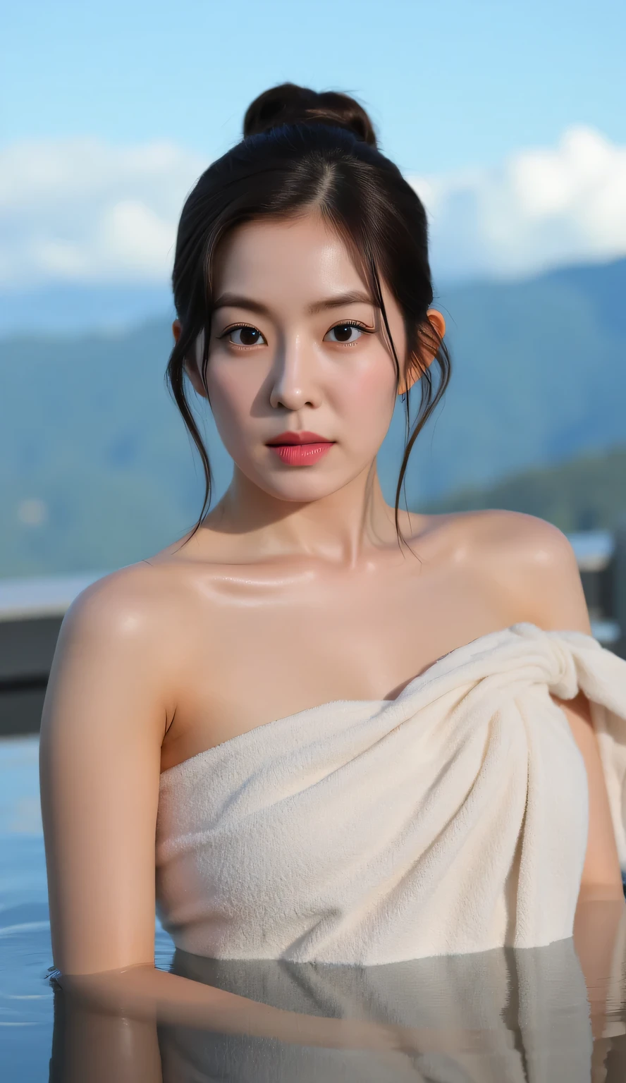 a woman, Soak in a hot bath, submerged body in hot bath, mountain background with bright blue sky, shirt looks full body, body facing front, eyes looking at camera , body wrapped in wet towel, bare shoulders , bare sleeves, big size G-cup, thick red lips, horny face, tied hair black color, whole body and wet clothes