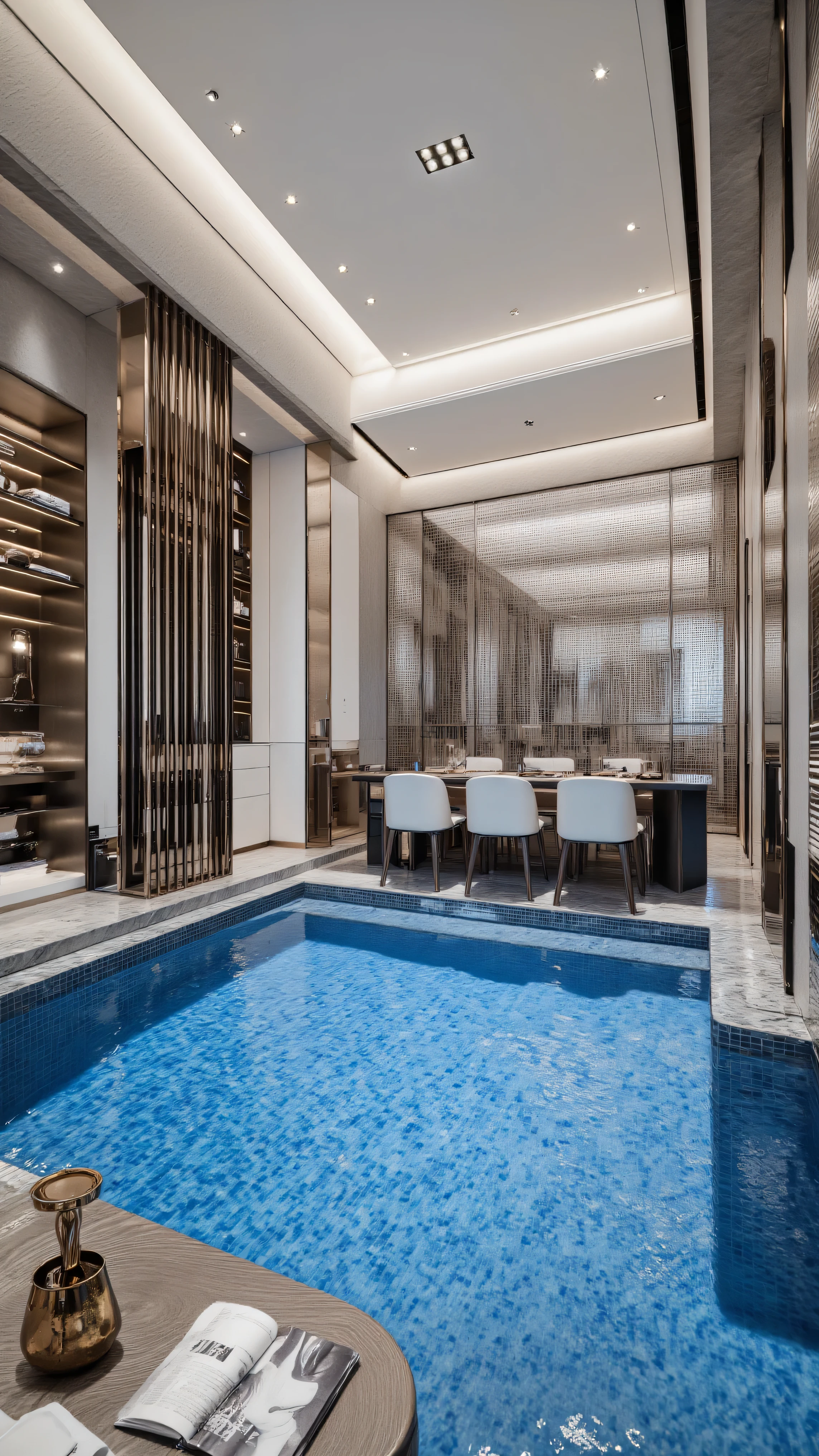 4K,8K,Studio Quality,Chinese Penthouse,Swimming Pool inside Penthouse, Inside China Highclass Penthouse Tower Room with Swimming Pool,Make the Water Pool Realistic, make the photo realistic, vibes color with black and white, Billionaire Vibes Room,Full Furnitured, Detailed.