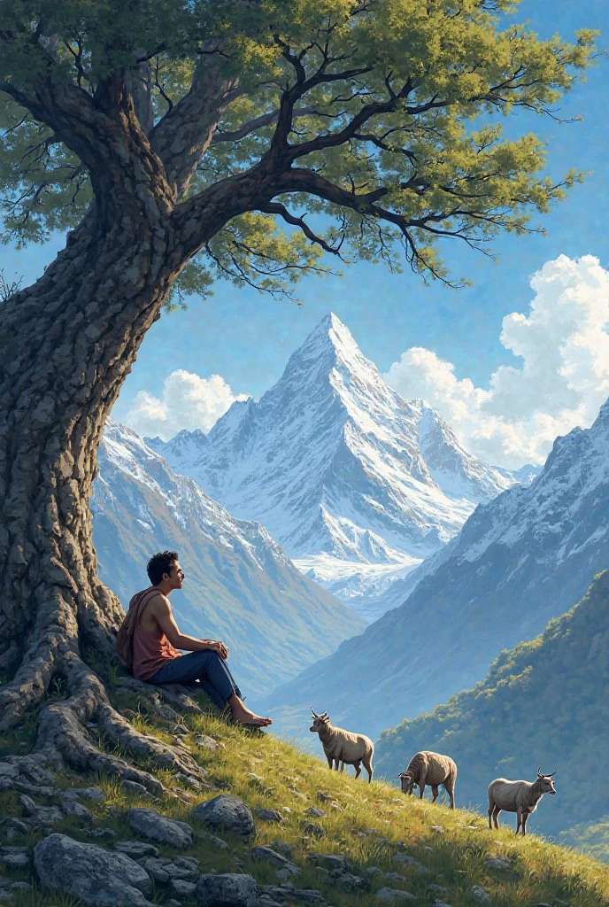 A man sitting in the bottom of the tree with beautiful background and himalayas, yak and sheep are together