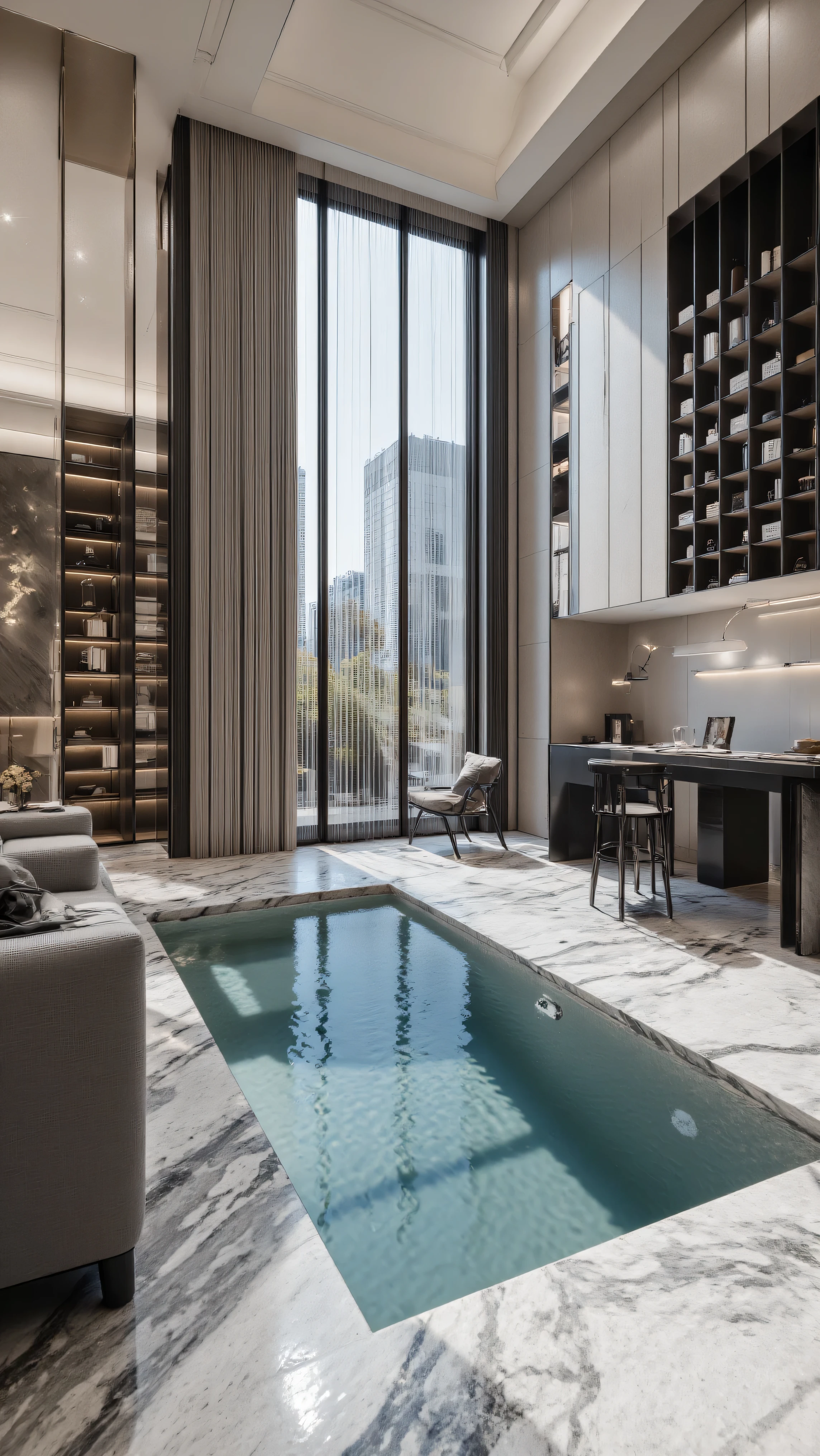 4K,8K,Studio Quality,Chinese Penthouse,Swimming Pool inside Penthouse, Inside China Highclass Penthouse Tower Room with Swimming Pool,Make the Water Pool Realistic, make the photo realistic, vibes color with black and white, Billionaire Vibes Room,Full Furnitured, Detailed.
