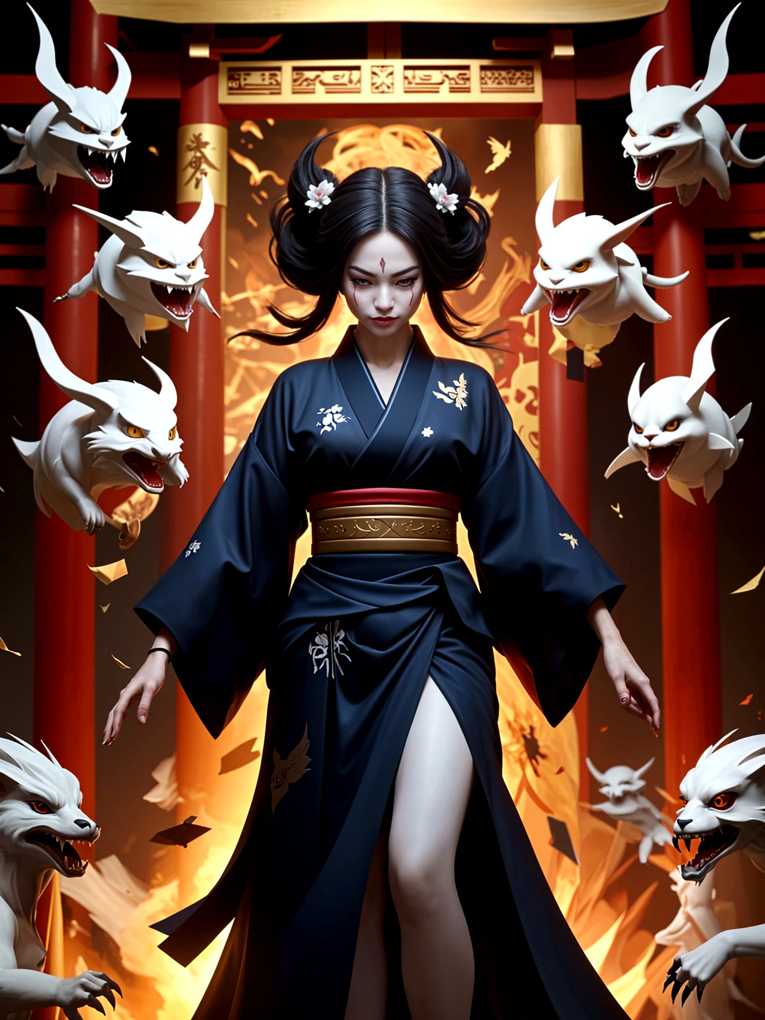 A supermodel-like sorcerer, an onmyoji, a horde of paper monsters flying in the air, a shrine, the Heian period, dynamic poses, prayer poses, anger, face paint, waist-high ((masterpiece, best quality, highest resolution, real, RAW photo, 8k, high definition CG composite 8k wallpaper)), exquisite beauty, tasteful hairstyle and flashy kimono, eccentric