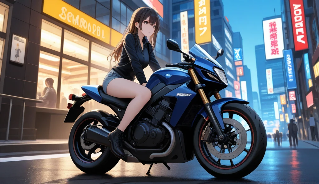 Precise body and machine、The ultra -The high-definition、Detailed writing、watercolor paiting、Correct drawing、Pale shades、Cool motorcycle、Driving a motorcycle through a beautiful city while feeling the wind、(Expressing joy with the whole body:1.5)、Black hair Long hair、A little quirky hair、Very cute woman、emotional、Halation、(Bokeh:1.5)、tshirts、JINS、(Motion Blur:1.4)、(Motion Effect:1.5)