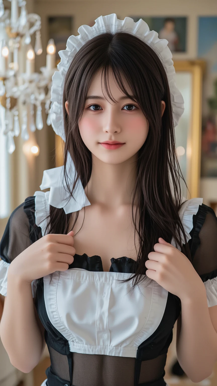 (Highest quality:1.4), Beautiful Face, 8K, Absurd, (Maid clothes,Transparent clothes、Show your whole body:1.4),Viola Lace, Gardenia, Delicate girl, alone, Looking at the audience, film grain, chromatic aberration, Sharp focus, Face Light, Professional Lighting, Sophisticated, (rain、Wet Hair、Wet Face、Wet body、Wet clothes:1.5)、(smile:0.4), (Outdoor、Simple Background, Background blur:1.2), Detailed aspect、attractive,
