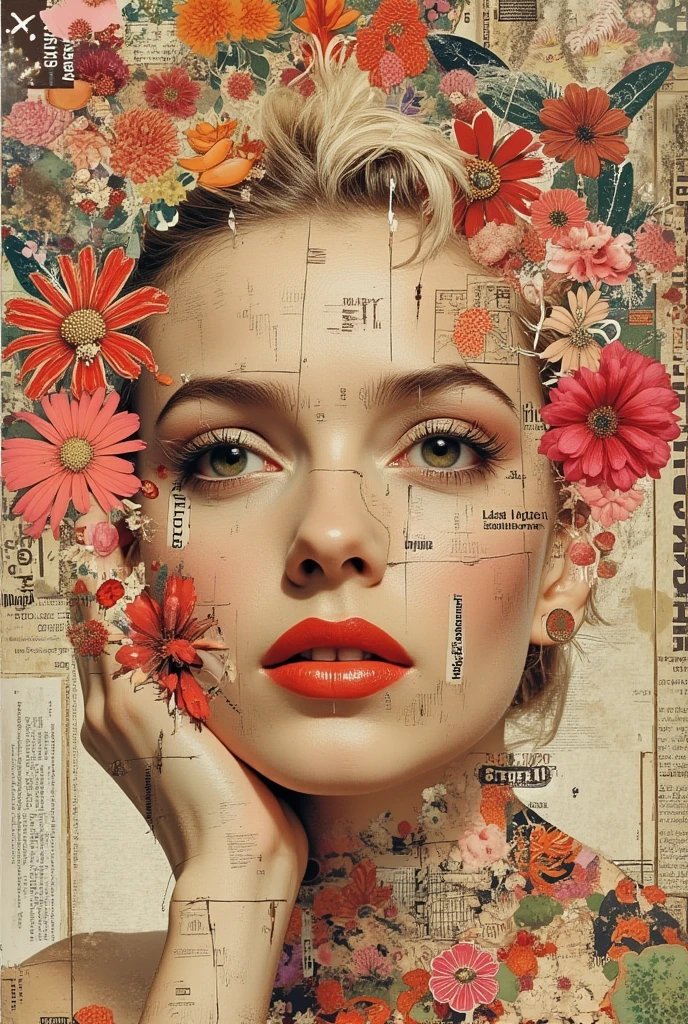 Vintage collage, reminiscent of the psychedelic era of the 1960s, with cut-out fragments from old magazines.Surreal digital art in the collage style of an old cover of a vintage glamorous magazine from 1950-1960, a mix of Playboy covers from the 1960s and Soviet retro magazines, the title "Planet" is placed at the very top, superimposed on it
  An expressive portrait of a young glamorous female star in close-up, the central image of the glamorous diva actress, her cold, arrogant smile softened by delicate floral patterns, surrounded by a bright array of flowers in full bloom. The collage consists of various textures and patterns, including newspaper clippings, faded photographs, and man-made elements. The color palette is a mixture of muted tones and bright, contrasting shades, creating a feeling of both nostalgia and rebellion. The composition is deliberately chaotic, with elements overlapping each other and going beyond the edges, adding to the raw, unfiltered aesthetics.