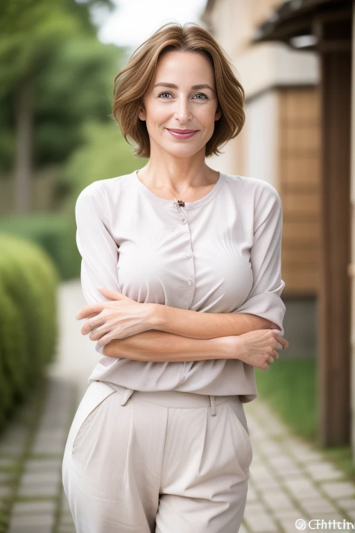 smiling woman with short hair wearing a blue shirt and white jeans in front of a wall, this person does not exist, louise dalh wolfe-amanda lilleston-laurie greasely-elspeth knight errant-caroline foster-alison williams-suzanne engelberg-ann stokes-lena oxton-annie leibowit-fiona staples merged, entire body visible, full body, hyperrealistic, real human skin, best quality, 8K, masterpiece, extremely intricate, medium closeup, detailed eyes, detailed face, detailed body, exaggerated features, pronounced features, fujifilm, aged face and skin, middle aged, 50 years old, housewife