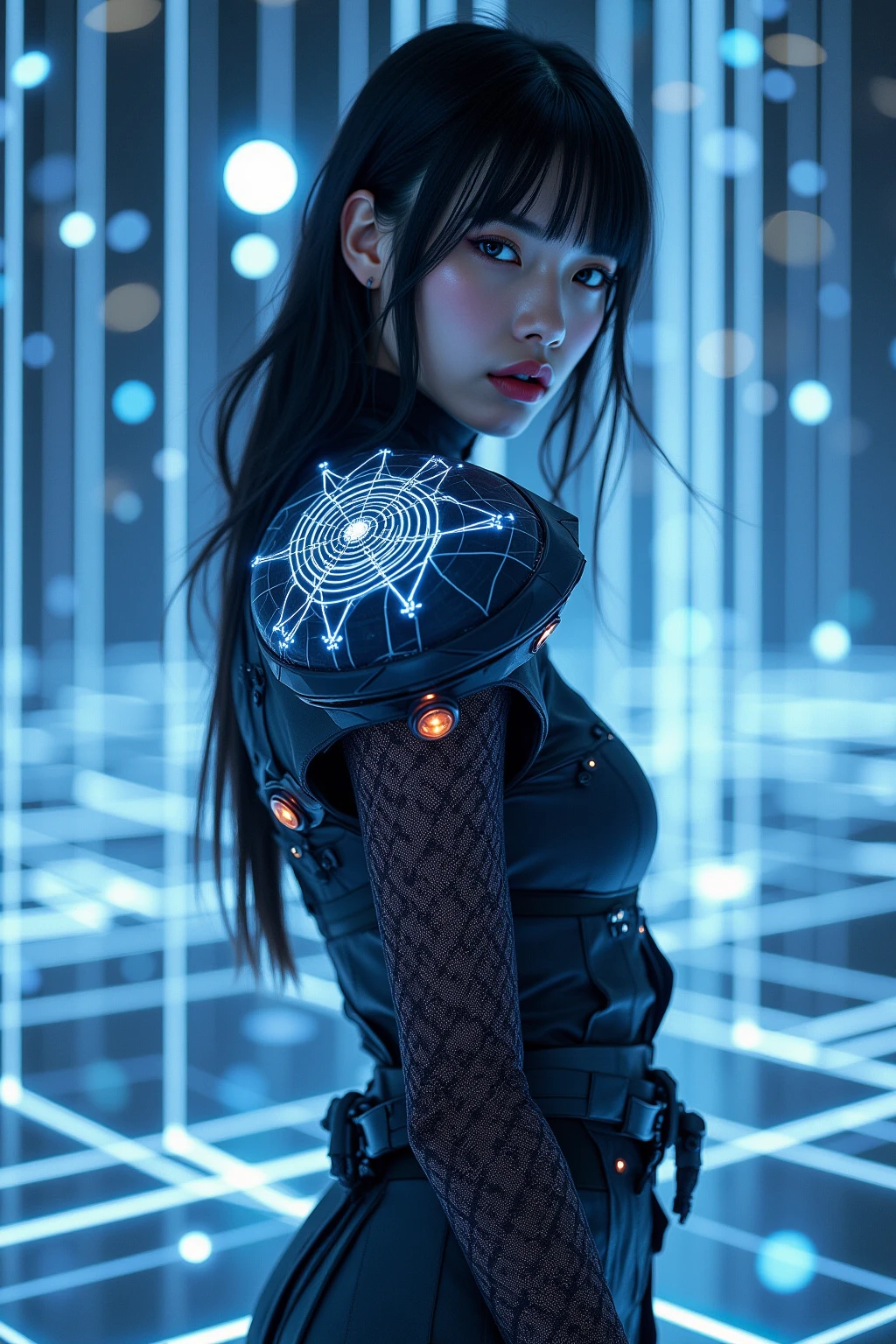 1girl,sexy,(fashion anarchist:1.4), inverted shoulder pads containing mini particle accelerators, multi-layer garment combining Kevlar weave/glass shards/OLED scales, posing in prismatic void space with floating garment blueprints, Maison Margiela meets Zaha Hadid architecture, 3D wireframe overlay effect