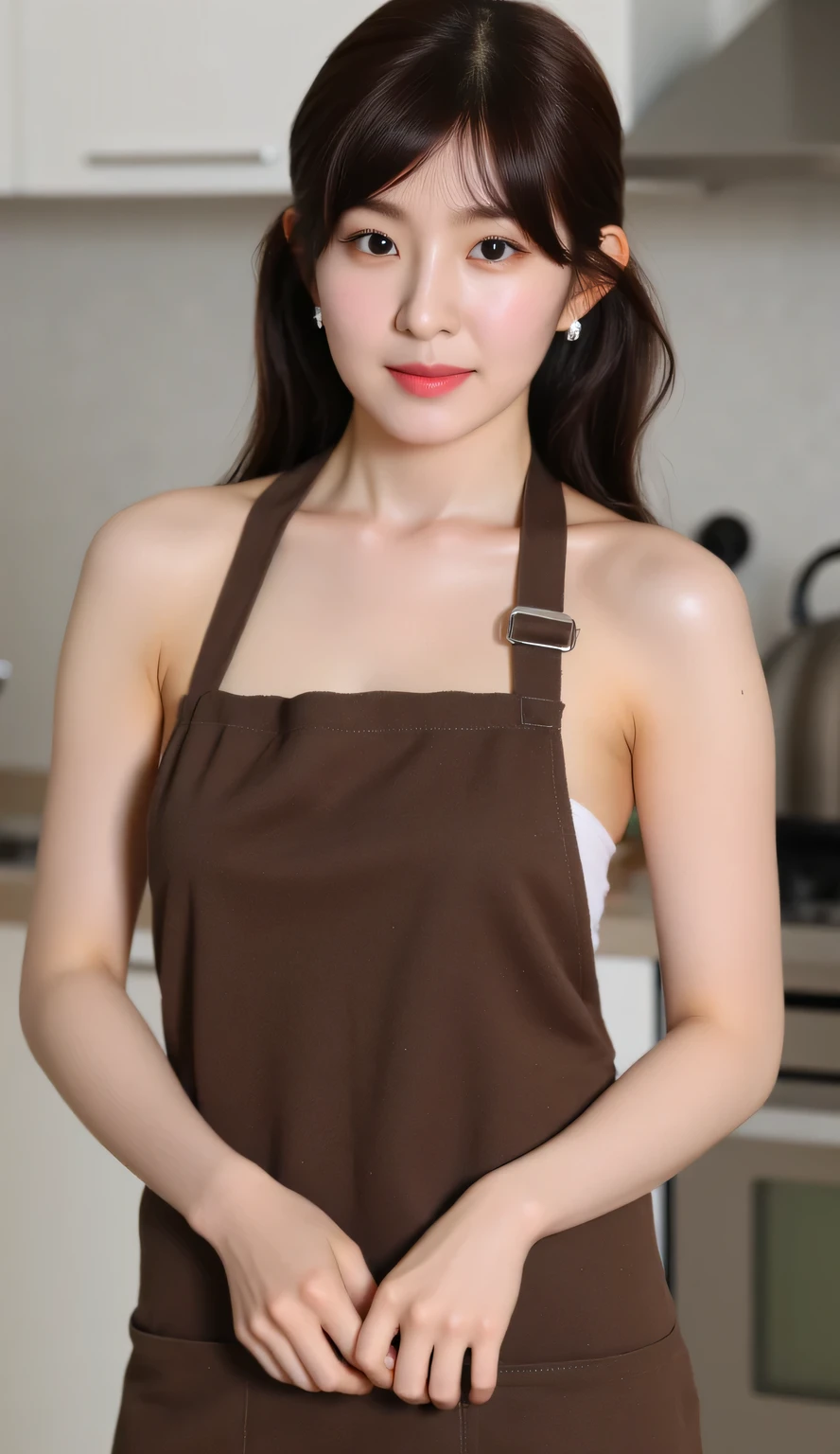 Woman cooking、age19、(Dressed naked，Wear a slim mini apron:1.3)、4K、((hight resolution、tmasterpiece、top-quality:1.3)),Fine skin、sharp focus、Soft lighting、dynamic ungle、(Detailed face:1.2)、(((In the kitchen))) Cute smile　Viewer's Perspective　Colossal 　tying  hair　Sleeveless　Stretch your upper arms　Stretch your shoulders　cleanness　Large kitchen　Beautiful kitchen　((Beautiful straight wavy curls，By bangs))　put down hands，Prepare the coffee　a little bit smile　((There is no fabric on the back of the apron、Cracks in the buttocks are perfectly visible.))((It's sex in the kitchen:1.3))(((This is a sex apron)))(((Cracks in the buttocks are perfectly visible)))((Stretch the buttocks further，Exposing cracks))at this、Very thick and rigid upright type available　This is a very big one .. Juice overflows from the opening of the girl's vagina