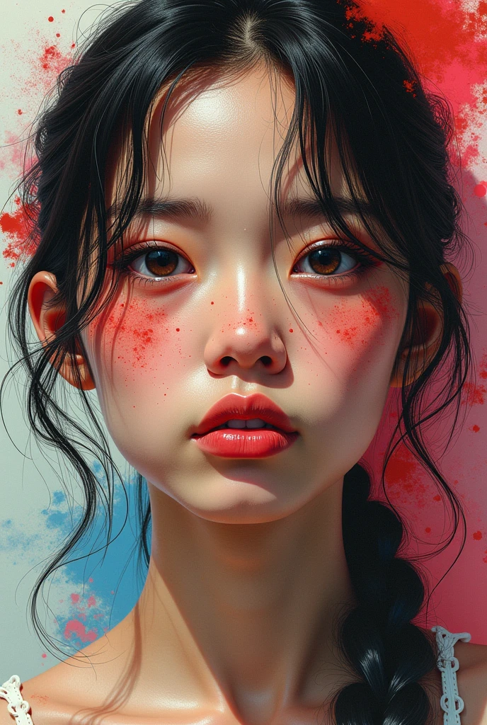 a collage artwork of mixing a young woman's face expression close-up, showing different expression such as sad, happy, angry, emotional, multiple color, (4k, realistic, best quality:1.4)