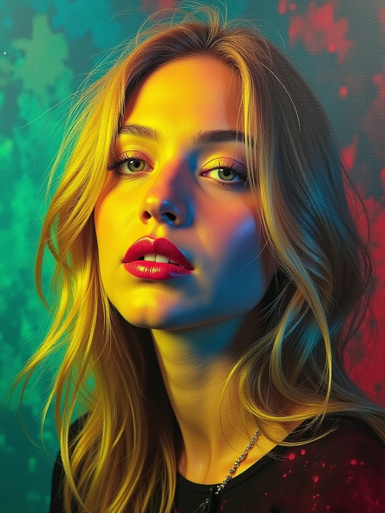 A beautiful woman with a green, blue, red, yellow hues oil painted colorful background, long blonde hair, messy hair, full red lips, bright colors, colorful brushstrokes, oil painting style, expressive, abstract, high-level, full of emotions, mysterious lighting