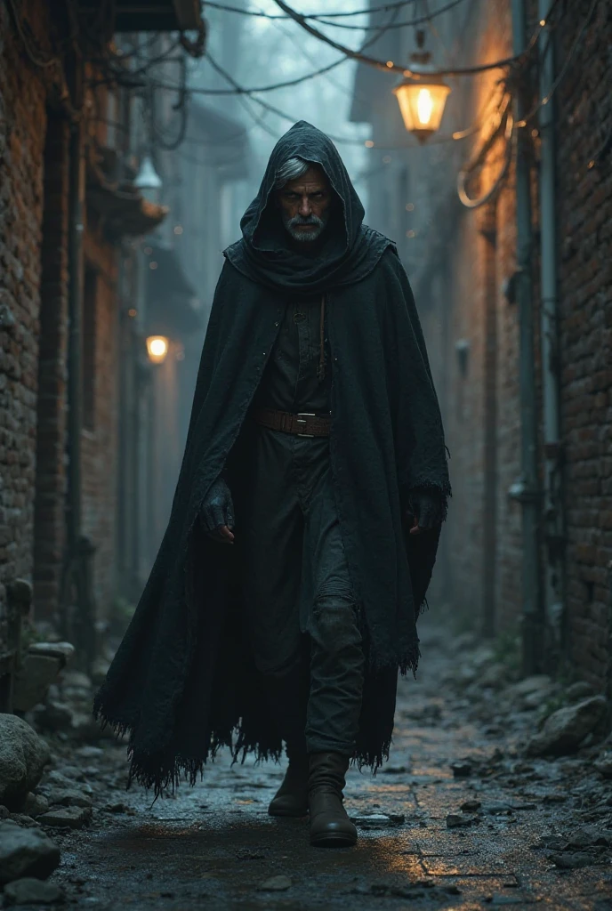 An elf with dark skin and gray hair walks in an alley bathed in light, protecting himself under the wide hood of his cloak..