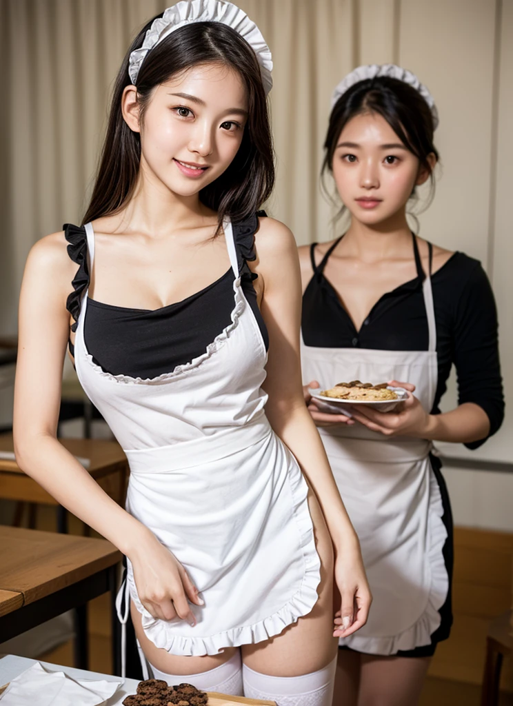 Two people holding a salad standing,((Girl in ponytail in pink plaid high-leg one-piece school swimsuit and maid top)),,Smiling,(Boy in apron),Bright kitchen