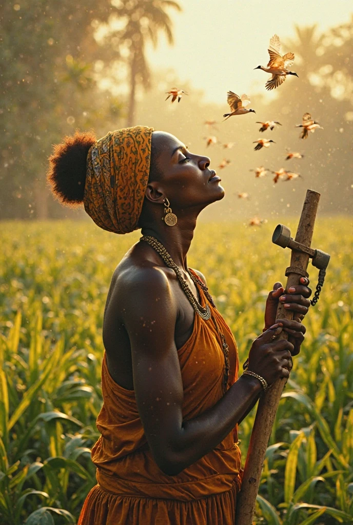 An African mother is in a shamanic state talking on the phone while holding a hoe and having ren.