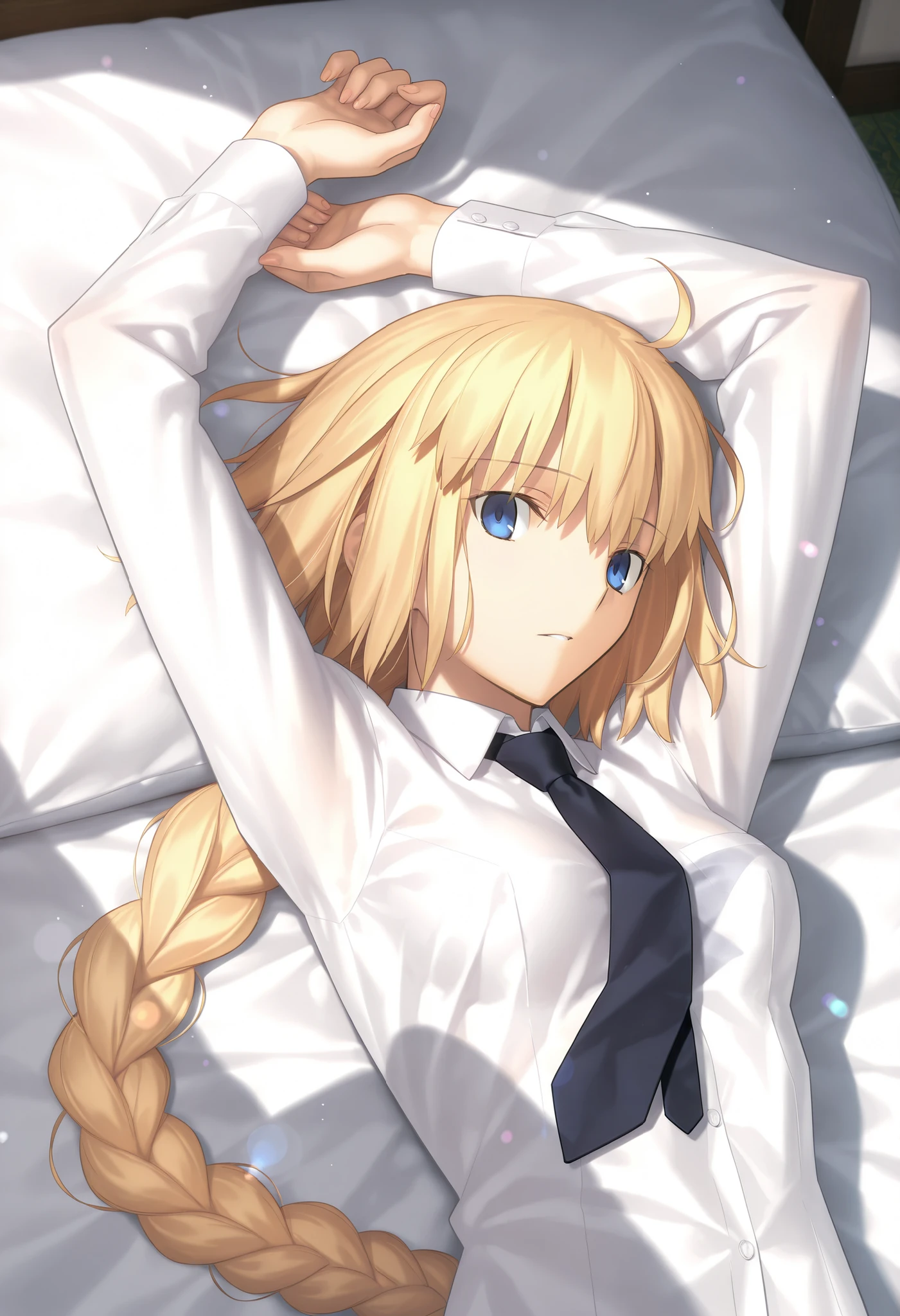 masterpiece, , absurdres, highres, detailed background, high resolution, masterpiece, necessary, detail, best quality, quality, necessary, details, High details, Precise, indoors, (dappled sunlight), day, lens flare, blurry background, ((from above)), upper body, , solo, ,
1girl, , Takeuchi Takashi (type-moon,tsukihime) style, takeuchi takashi style, (Reaching out and stretching), ((Napping,)), , ,
tall girl, mature, jeanne d arc, \(fgo\), blue eyes, , jeanne d arc, blonde hair, medium hair, ( floating hair ), (open white dress shirt), black necktie, ,big braid, single braid, small breasts, underwear, looking at viewer, pale bra ,light see-through, concrete, , ,
